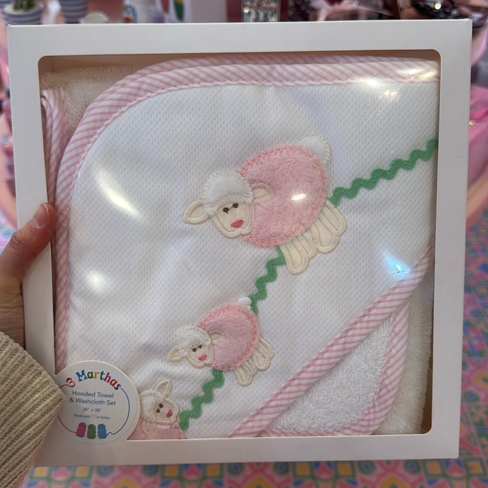 3 Marthas Pink Lamb Hooded Towel & washcloth Set